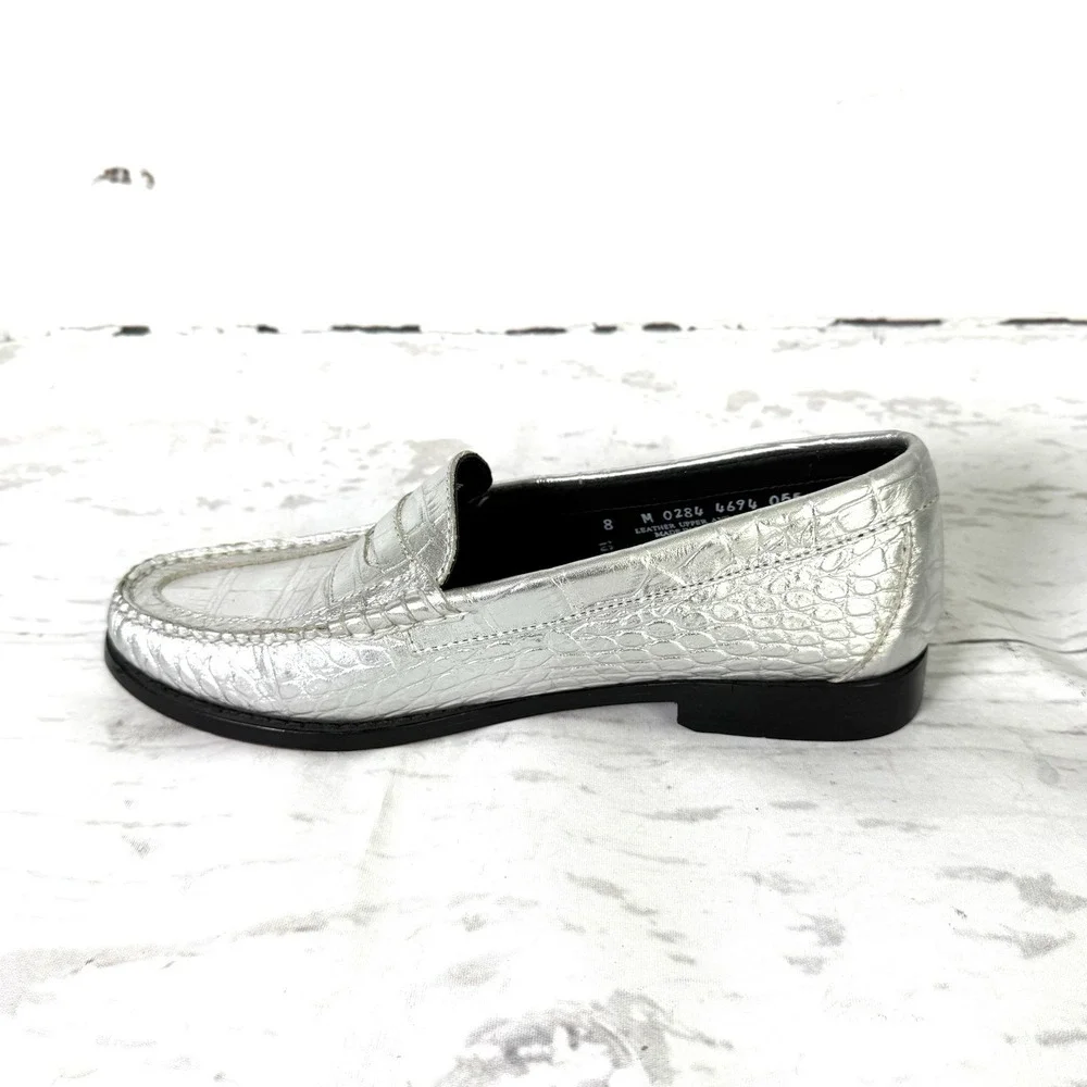 Bass Weejuns Shoes Women's 8M Silver Penny Loafers Slip On Leather Croc Print